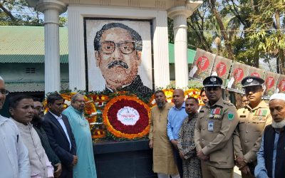 গোয়াইনঘাটে ৭ মার্চ উপলক্ষে বঙ্গবন্ধুর প্রতিকৃতিতে শ্রদ্ধা নিবেদন